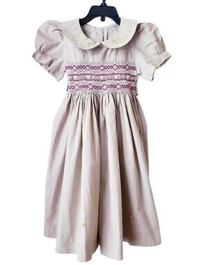 Vintage Tan Smocked Dress With Lil Rosette Detail